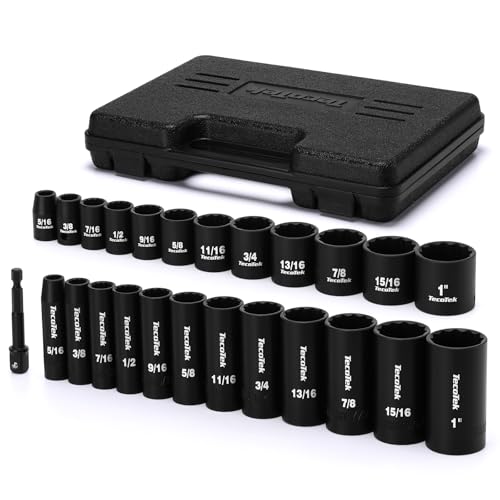 TecoTek 25 Pieces 3/8-Inch Drive Deep and Shallow 12-Point Impact Socket Set, CR-V, 5/16" - 1", SAE, 1/4"-3/8" Drill Adapter - size: 8mm-25mm(deep & Shallow)
