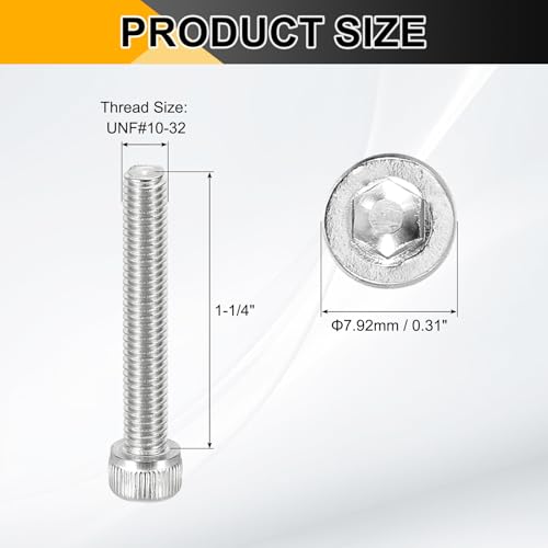 PATIKIL #10-32 x 1-1/4" Socket Head Cap Screws Bolts, 20Pcs 304 Stainless Steel Hex Head Metric Screws for Door Road Bicycle Mountain Bike Auto Ship Communication Equipment, Silver - size: 1-1/4 inch
