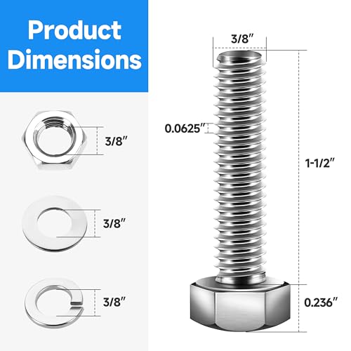 (8 Sets) 3/8 Bolt, 3/8-16 x 1-1/2" Hex Head Screws, Assorted Screws Nuts and Bolts with Flat & Lock Washers, 3/8 Bolts and Nuts Set, Fully Threaded by Marysino - color: (Silver)-3/8, size: 1-1/2"