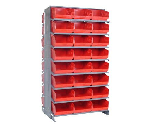 Quantum QPRD-209RD Double-Sided Display Sloped Pick Rack for Warehouse Retail Store | 800 lbs Capacity | (48) QSB207 Red Bins; (16) Shelves Configuration | 24"L x 36"W x 63.5"H, Gray, Carbon Steel - size: 64" H x 36" W x 24" D, style: 12" L x 12" W x 6" H