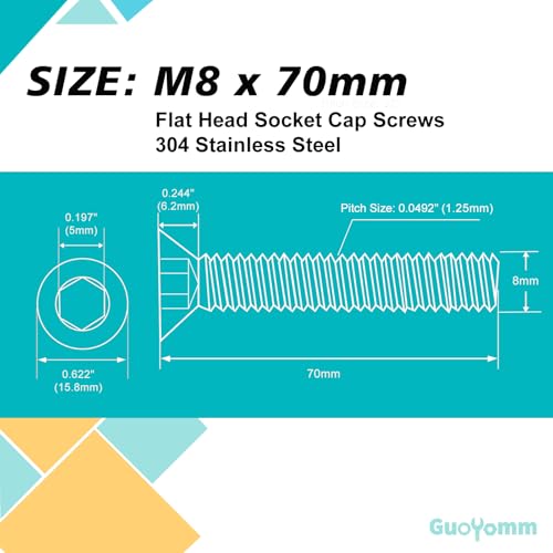 M8-1.25 x 70 mm 10PCS Flat Head Hex Socket Cap Screws, Countersunk Bolts, Stainless Steel 304, Metric Allen Drive, Fully Threaded, Bright Finish - size: M8 x 70 mm(10PCS)