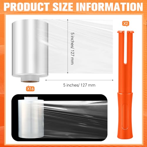 Jutom 16 Pcs Mini Stretch Film Industrial Shrink Wrap Roll Plastic Film for Moving 2 Handles 5" x 1000 ft Pallet Wrap Packaging Self Adhering Shipping for Moving Furniture Packing (Clear,Orange) - color: Clear, Orange