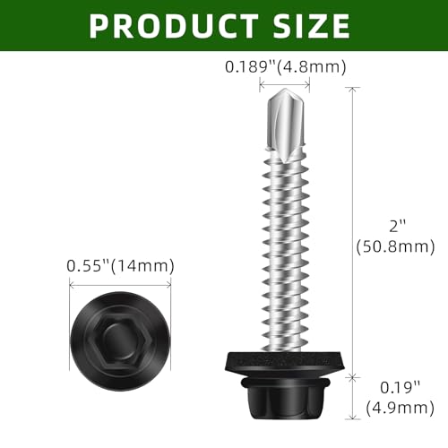 Mellewell #10 x 2 Self Drilling Metal Roofing Screws, Black Hex Head Sheet Metal Roof Screws with EPDM Washer, Hex Socket Included, 100 PCS - color: Black, size: #10 x 2"