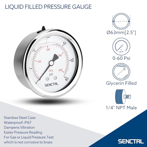 SENCTRL 0-60 Psi Liquid Filled Low Pressure Gauge, 1/4" NPT Back Mount - size: 0-60 Psi, style: Back Mount