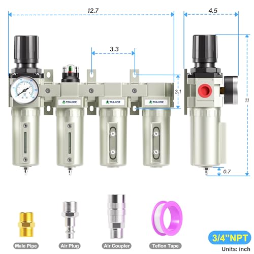 TAILONZ PNEUMATIC 0-240PSI 3/4 Inch NPT Industrial Grade 4 Stage Air Drying System, Particulate Filter, Coalescing Filter, Double Desiccant Dryer 5 Micron Filter +0.01 Micron Filter (Manual Drainage) - color: 4 Stage(2filter+2dryer), size: 3/4" NPT/Munual