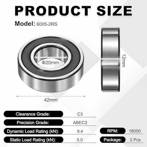 uxcell 2Pcs 6004-2RS Deep Groove Ball Bearings, 20x42x12 mm High Speed Double Rubber Seal Bearings Pre-Lubricated and Stable for Industrial Machinery Repairs 3D Project - size: 6004-2RS(20x42x12 mm)