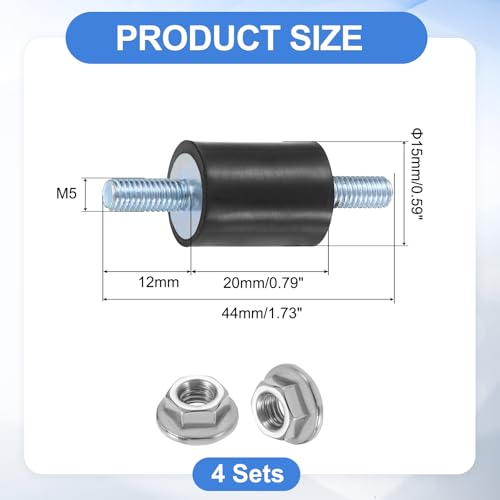 uxcell 4Pcs M5 x 12mm Rubber Mounts, 20 x 15mm Cylindrical Anti Vibration Isolator Studs Shock Absorber Double Studs with Nuts for Car Bobbin Generator Air Compressors - size: M5 x 12mm, 20 x 15mm