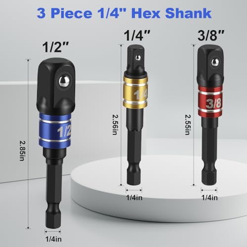 3 Piece Impact Socket Adapter Set, 1/4-Inch Hex Shank, Chrome Vanadium Steel Drill Extension Bar, Includes 1/4in, 3/8in, and 1/2in Drive Socket Adapters with Storage Holder