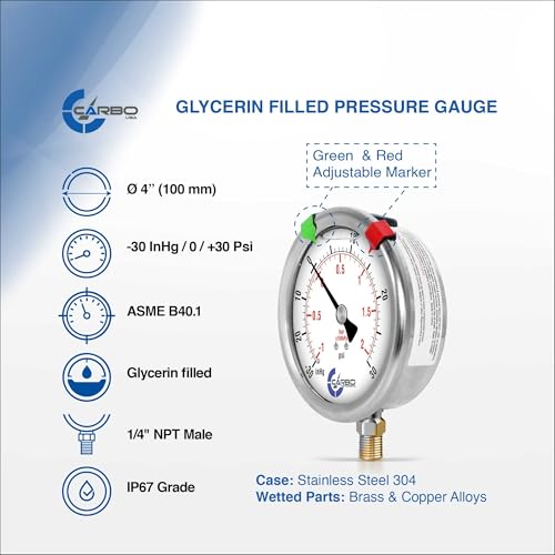 Compound Pressure Gauge -30 inHg to 30 PSI, Liquid Filled, 4" Dial, 1/4 NPT Lower Mount, 304 Stainless Steel Case, Brass Wetted Parts, PSI/inHg - ASME B40.1 Grade A - size: -30inHg / 0 / +30Psi, style: STANDARD