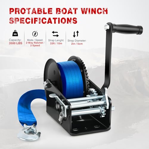 Nilight Boat Trailer Winch 3500 LBS Hand Crank Winch Heavy Duty Boat Winches with 33 FT Blue Strap Rope Hook Two Way Ratchet 4:1 8:1 Gear Portable Marine Manual Winch for Trailers Boat RV ATV Towing - color: Blue, size: 3500 lbs