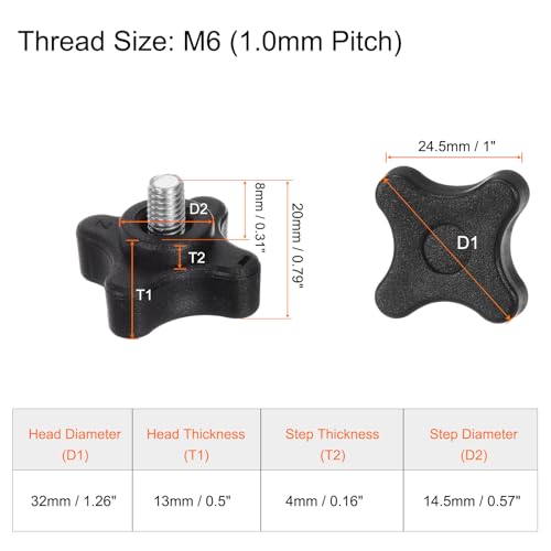 HARFINGTON 6pcs Star Clamping Knobs M6 x 8mm Metric Male Thread 32mm 4-Point Plastic Head Threaded Stud Knob Hand Tightening Thumb Screw Jig Handle, Black - size: M6 x 8mm x 32mm