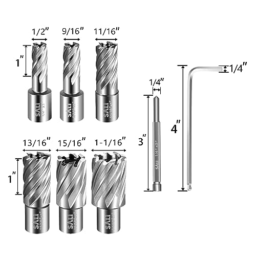 SALI Annular Cutter Set 6 pcs, Weldon Shank 3/4”, Cutting Depth 1”, Outside Diameter 1/2 to 1-1/16 Inch, Mag Drill Bits Kit for Magnetic Drill Press HSS Fully Ground Drill with 1/4”*3” Pilot Pin and