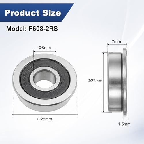 M METERXITY 4-Pack F608-2RS Flanged Ball Bearing, 8mm x 22mm x 7mm Double Rubber Seal Chrome (GCr15) Steel Deep Groove Ball Bearings for Wheelbarrow/Printer/Fax Machines/Power Tools - size: 8mm x 22mm x 7mm