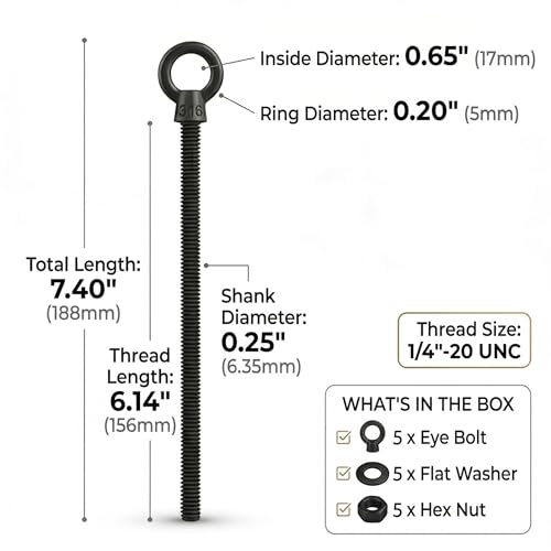5 Pack Extra Long Black Eye Bolts 1/4" x 6 Inch with Nuts & Washers, Heavy Duty T316 Stainless Steel Threaded Lifting Eye Bolt, Marine Grade Shoulder Eyebolts for 4x4 Post & Wall - size: 1/4'' x 6inch
