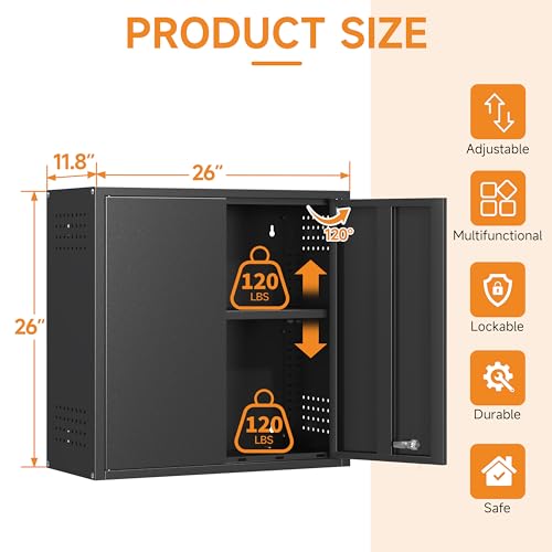 Metal Garage Wall Cabinet with 2 Doors and 1 Adjustable Shelf,Lockable Floating Tool Cabinet with Pegboard,Black Steel Storage Cabinet for Kitchen,Office,Garage,Laundry,Warehouse(Black, 26" H) - color: Black, size: 26"H Wall Cabinet(2-Door)