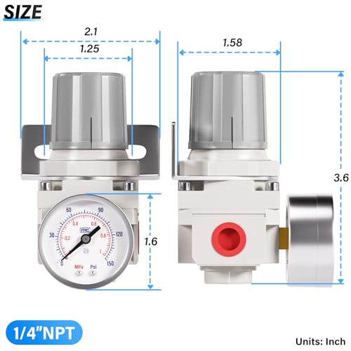 TAILONZ PNEUMATIC 1/4 Inch NPT Air-Compressor Accessories Pressure Regulator for Compressed Air Systems AR2000 Adjust 0 to 145 Psi - size: 1/4" NPT