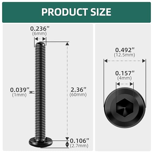 20Pcs M6-1.0 x 60mm Flat Head Socket Cap Screws Bolts 304 Stainless Steel Black Zinc Plated Furniture Bolts, Fully Threaded M6 Bolt with Hex Spanner - size: M6 x 60mm