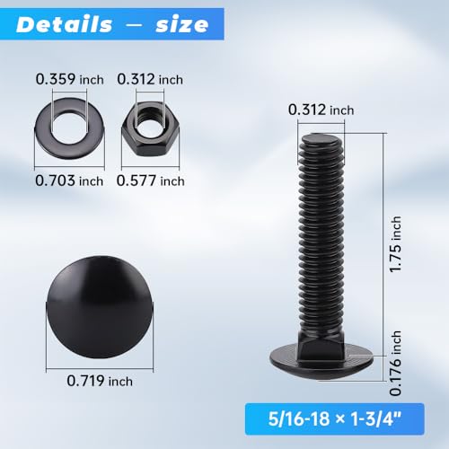 20 Sets 5/16-18 x 1-3/4" Black Carriage Bolts Screws and Hex Nuts & Flat Washers, 304 Stainless Steel 18-8, Round Head Square Neck, Full Thread Coverage - size: 5/16-18 x 1-3/4"