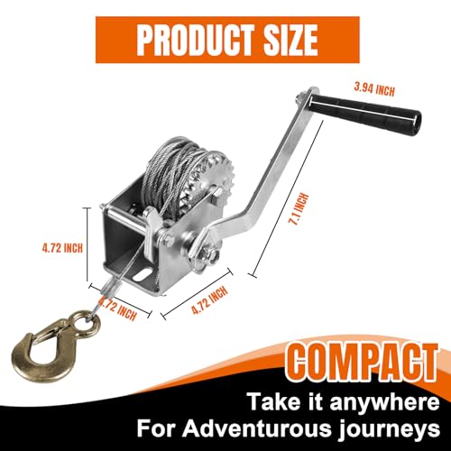 Jack Boss Hand Winch, 600 lbs Pulling Capacity, Boat Trailer Winch Heavy Duty Rope Crank with 23 FT Steel Cable, Manual Operated Hand Crank Winch for Trailer, Boat or ATV Towing - size: 600 lbs