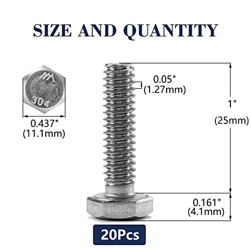 1/4-20 x 1 Hex Head Screw Bolt, 20Pcs 18-8 (304) Stainless Steel, Fully Threaded, Plain Finish, by SG TZH - size: 1/4-20 x 1"