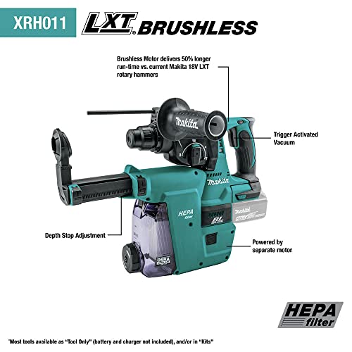 Makita XRH011TWX 18V LXT® Lithium-Ion Brushless Cordless 1" Rotary Hammer Kit, accepts SDS-PLUS bits, w/HEPA Dust Extractor Attachment (5.0Ah)