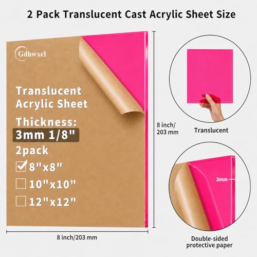 1/8 Thick 8 x 8 inch Translucent Acrylic Sheets - 2 Pack Colored Plexiglass Sheets for Creative DIY Projects Laser Cutting Engraving UV Printed Signs Crafts Badges (2, Rose Red, 8 x 8 inch) - color: Rose Red, size: 8x8 inch