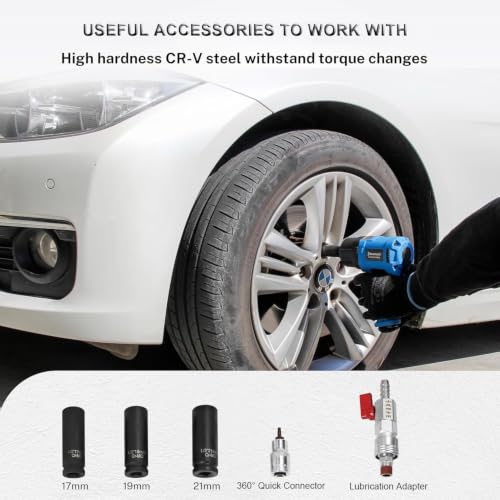 1/2 Air Impact Wrench, 1150 Ft-Lbs 8500 RPM High Torque Impact Gun, Pneumatic Impact Wrench with Double Hammer Mechanism, Lightweight 3-Speed Adjustable Air Impact Gun, with Accessories