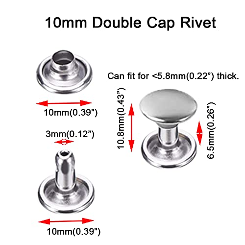 160 Sets Silver Stainless Steel Leather Rivets Double Cap Rivet Tubular Metal Studs Repairs Decoration Craft Accessories for Leather Craft Clothes Shoes Bags Belts (10mm 160sets, Silver) - size: 10mm 160sets