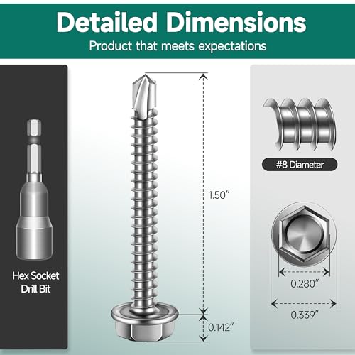 100Pcs #8 x 1-1/2" Sheet Metal Screws, 410 Stainless Steel Self Drilling Hex Washer Head Self Tapping Screws for Metal with Drill Bit - color: Silver, size: #8 x 1-1/2"