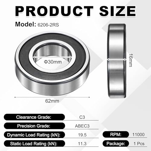 uxcell 1Pcs 6206-2RS Deep Groove Ball Bearings, 30x62x16 mm High Speed Double Rubber Seal Bearings Pre-Lubricated and Stable for Industrial Machinery Repairs 3D Project - size: 6206-2RS(30x62x16 mm)