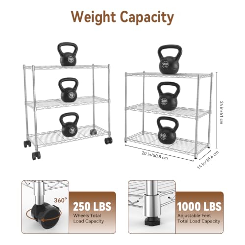Whitmor 3 Tier Storage Shelving, Heavy Duty with Wheels, Adjustable Steel Organizer, 200 lbs Capacity per Shelf, Max 600 lbs Total for Garage, Kitchen, Bathroom, 24" L x 14" W x 20" H, Chrome - color: Sliver, size: 3-TIER, 20"L x 14"W x 24"H (With Wheels)