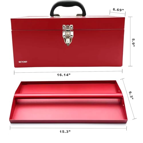 16" Portable Steel Heavy-duty Large Tool Box 18-Gauge Fishing Tackle Box Tool Box Drawer Organizer With Metal Latch and Handle Red - color: Red