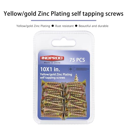75pcs Flat Head Phillips Wood Screws #10 × 1", Yellow Zinc Plated Carbon Steel Sheet Metal Screws, High Strength Self Tapping Screws for Metal Plastic & Wood, Self Drilling, 10 × 1-Inch - size: #10X1"