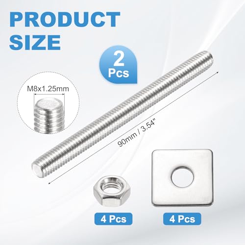 MECCANIXITY 2Set M8x90mm Fully Threaded Rod Threaded Rods Bar Studs - size: M8x90mm