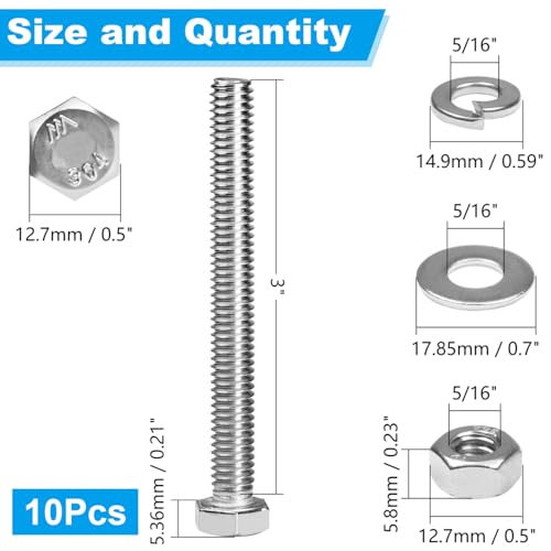 10 Sets 5/16-18x3 Hex Head Screw Bolt,Nuts,Flat & Lock Washers - size: 5/16-18x3"