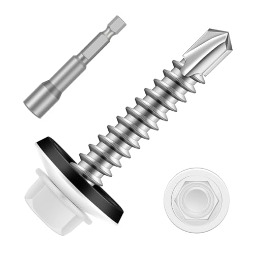 #14 x 1-1/4" Zinc Plated Steel Self Drilling Roofing Screws, Hex Head Self Tapping Screws with EPDM Washer, White Head, 50 PCS - color: White, size: #14 x 1-1/4"