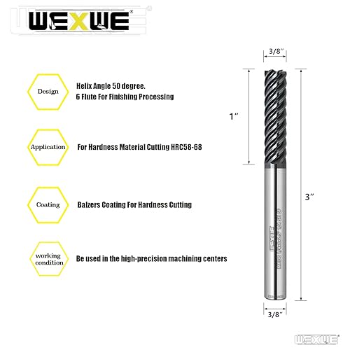 Tools Extra Long Carbide End Mills,6 Flute Square Milling Cutter,High Helix Angle for High Hardness Steel Finshing Milling Processing - 3/8 Shank (3/8-3.0" 1PCS) - size: EXL 3/8-3" 6F 1PC