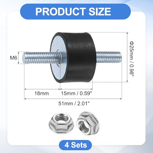 uxcell 4Pcs M6 x 18mm Rubber Mounts, 15 x 25mm Cylindrical Anti Vibration Isolator Studs Shock Absorber Double Studs with Nuts for Car Bobbin Generator Air Compressors - size: M6 x 18mm, 15 x 25mm