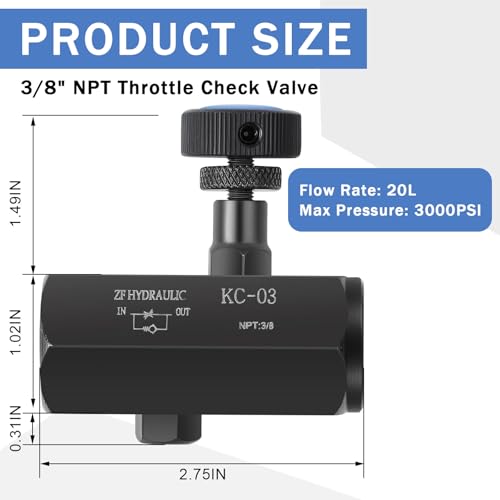 2 Pcs Hydraulic Flow Control Valve KC-03 3/8" NPT Threaded Throttle Check Valve 3000PSI Carbon Steel Hydraulic - size: 3/8 Inch