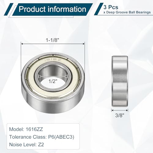 uxcell 1616ZZ Deep Groove Ball Bearing, 3pcs 1/2" x 1-1/8" x 3/8" Hign Carbon Chrome Steel Z2 Double Metal Sealed Bearing (P6) - size: 1616ZZ 1/2" x 1-1/8" x 3/8"