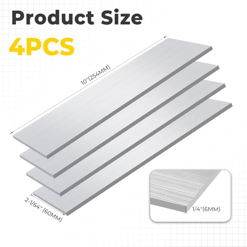 4PCS 6061 Aluminum Flat Bar 1/4" x 2" x 10"(T x W x L) - size: 1/4" x 2" x 10"