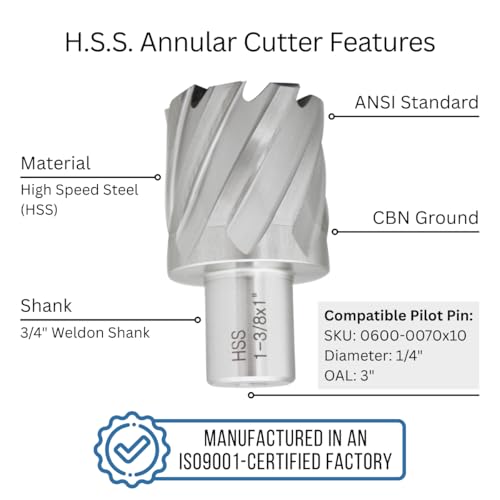 Accusize HSS Annular Cutter 1-3/8 x 1 in Cutting Depth, 3/4" Weldon Shank - size: Dia of Cut: 1-3/8 in., 3/4 in. Weldon Shank