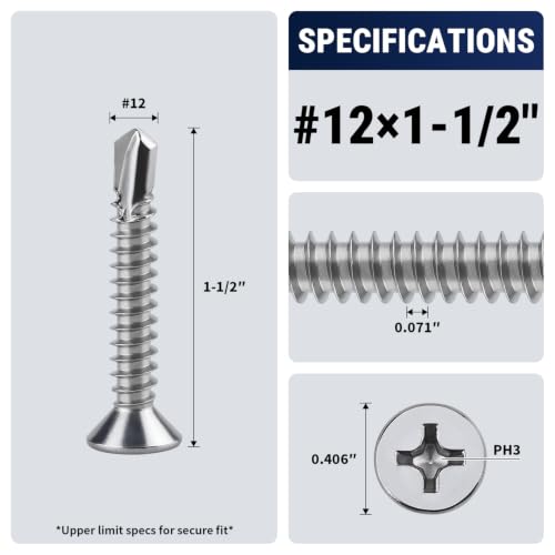 #12 x 1-1/2" Phillips Flat Head Sheet Metal Screws, Stainless Steel 410 Self Drilling Screws for Metal, Countersunk Head, Phillips Drive, Self Tapping, 50 Pack - size: #12 x 1-1/2"