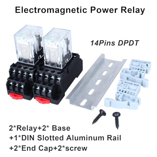 HH54P 12V DC 14-Pin 5A Coil Electromagnetic Power Relay with LED Indicator Light with Base DIN Slotted Aluminum Rail and End Cap - size: 12V 5A 14Pin Relay With Base Din Rail