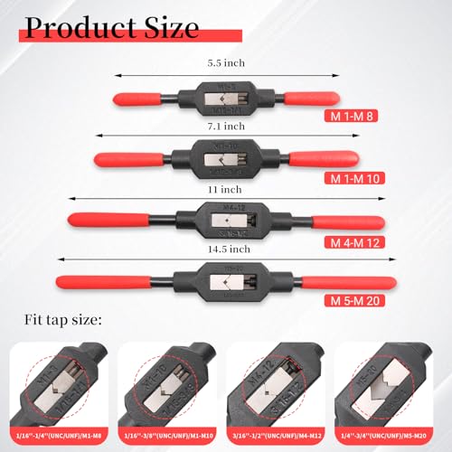 4 Pcs Adjustable Tap Wrench Screw Holder Reamer Hand Tool with Plastic Dipped Non-Slip Handle for Tap Reamer (1/4"-3/4", 3/16''-1/2'', 1/16''-3/8'', 1/16"-1/4")