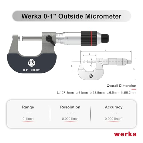 Werka Professional Outside Micrometer, 0-1 Inch Range, 0.0001 Inch Graduation, Precision Measurement Tool