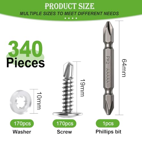 mxuteuk 340PCS #10×3/4" Self Drilling Screws, 410 Stainless Steel - size: SV #10×3/4"