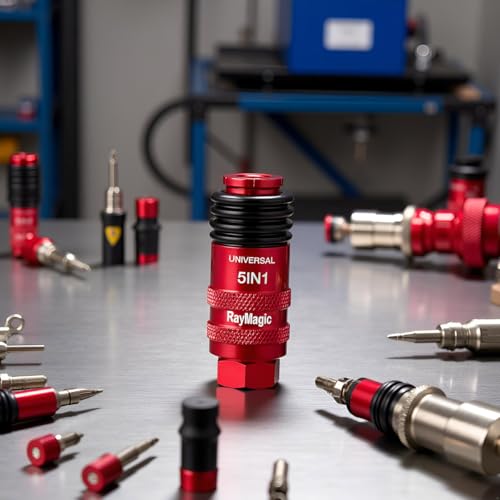 RayMagic Upgraded 5IN1 Universal Quick Industrial Connect Coupler, 1/4" Female NPT, Air Hose Fittings, 6-Balls Release Sleeve, 1/4" Body Size, Red(1-Piece) - style: 1-PIECE