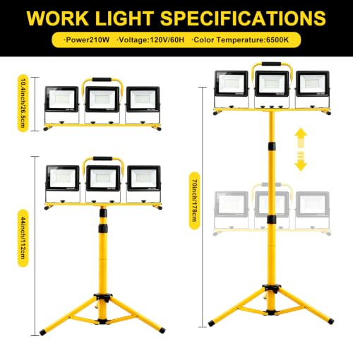 3x70W LED Work Light, Adjustable Tripod Portable Construction Flood Light