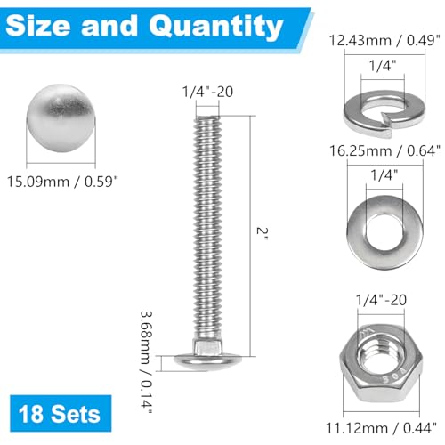 18 Sets 1/4-20 x 2 Carriage Bolts Screws, 304 Stainless Steel - size: 1/4-20 x 2"